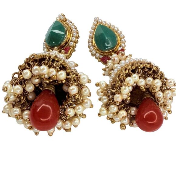Kundan Polki Jhumka White Pearl Earrings Chandelier Glass Red Green Gold Wedding - Picture 8 of 15